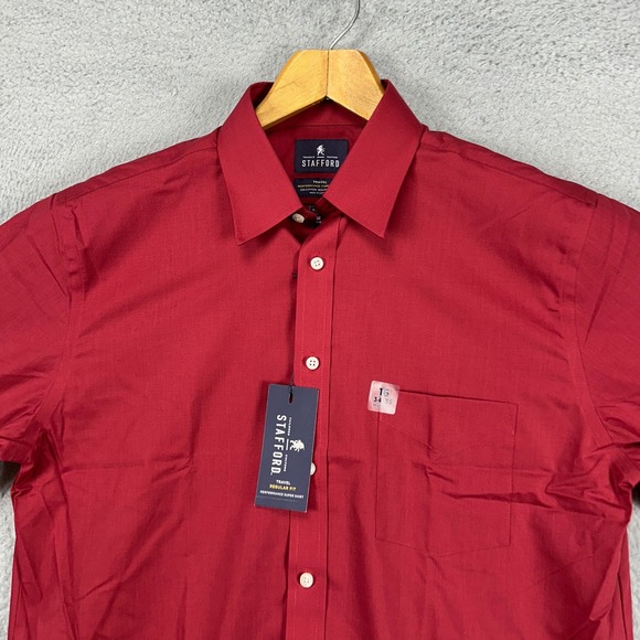 Stafford Travel Mens Performance Dress Shirt 16 34-35 Red Button Up Pocket NEW